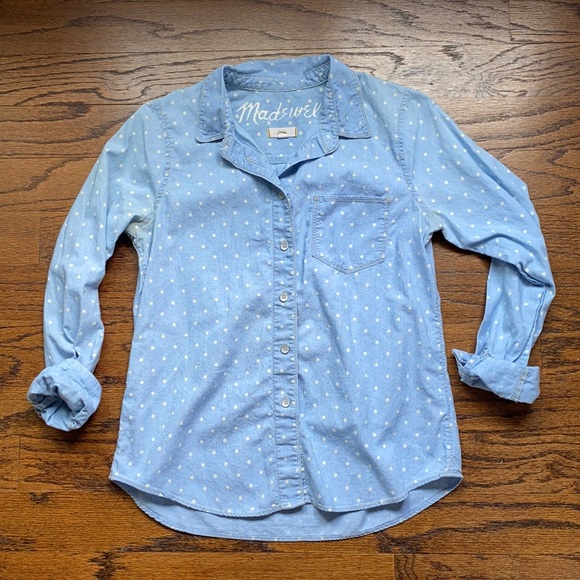 Madewell polka dot chambray top light blue - Picture 2 of 5